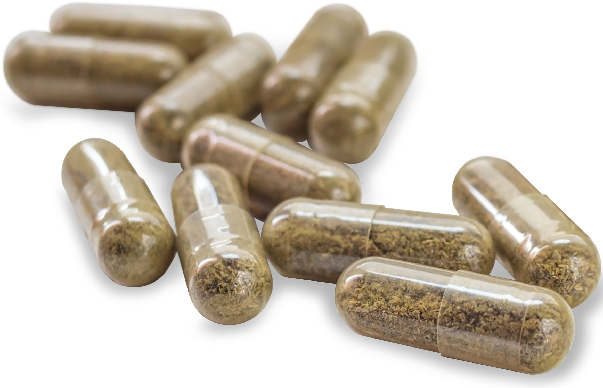Eleven transparent CBD capsules laying close to each other