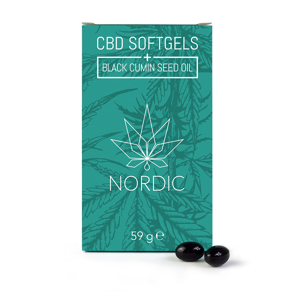 A 59g pack of Nordic Oil CBD softgels made with Black Cumin seed oil