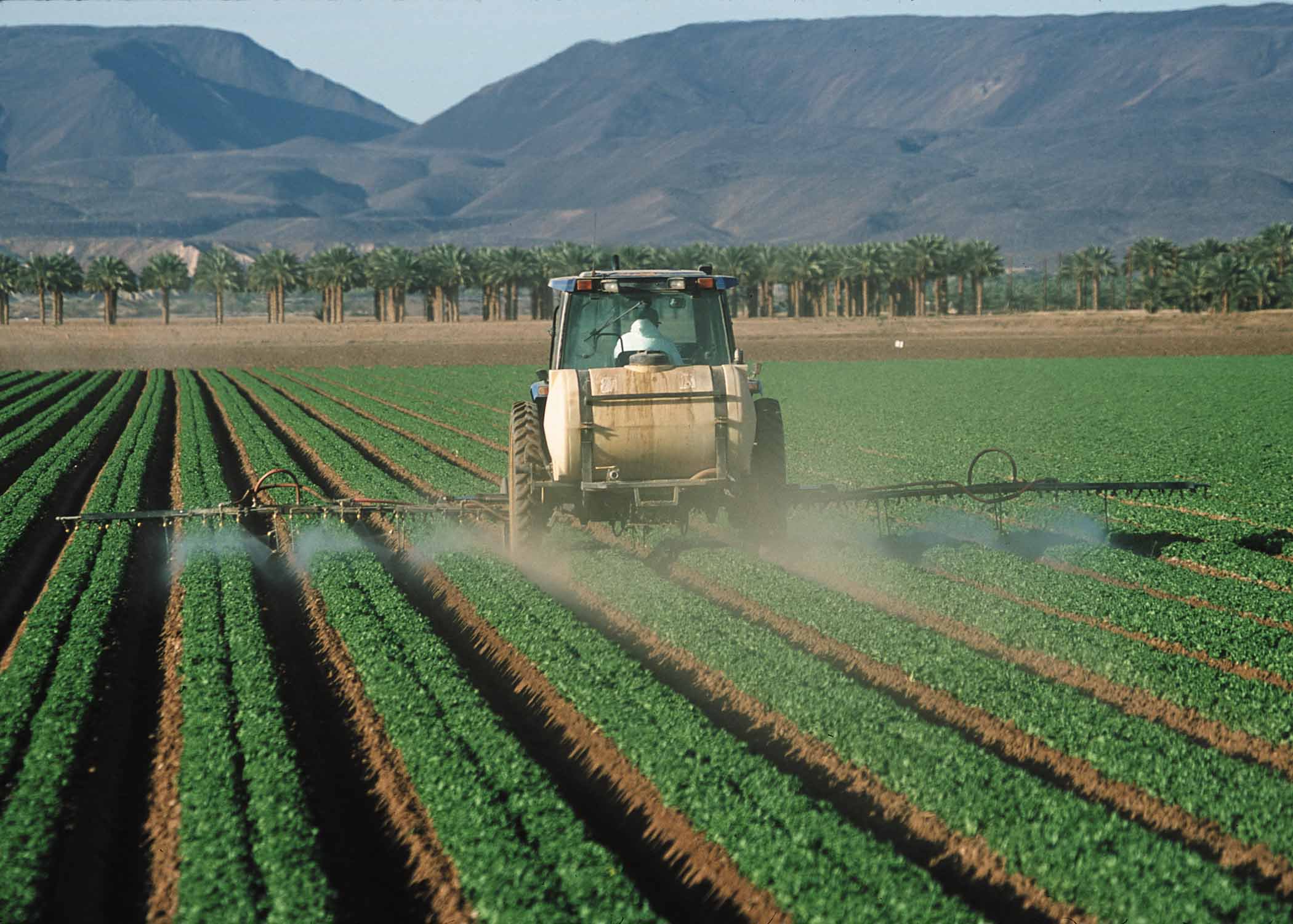 A tractor being driven by a man spraying chemcial pesticides on a farm field