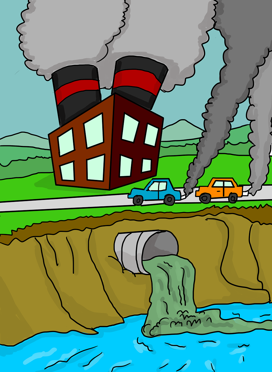 The painting shows smoke coming out of cars and chimneys while water is entering from a pipe into a pond