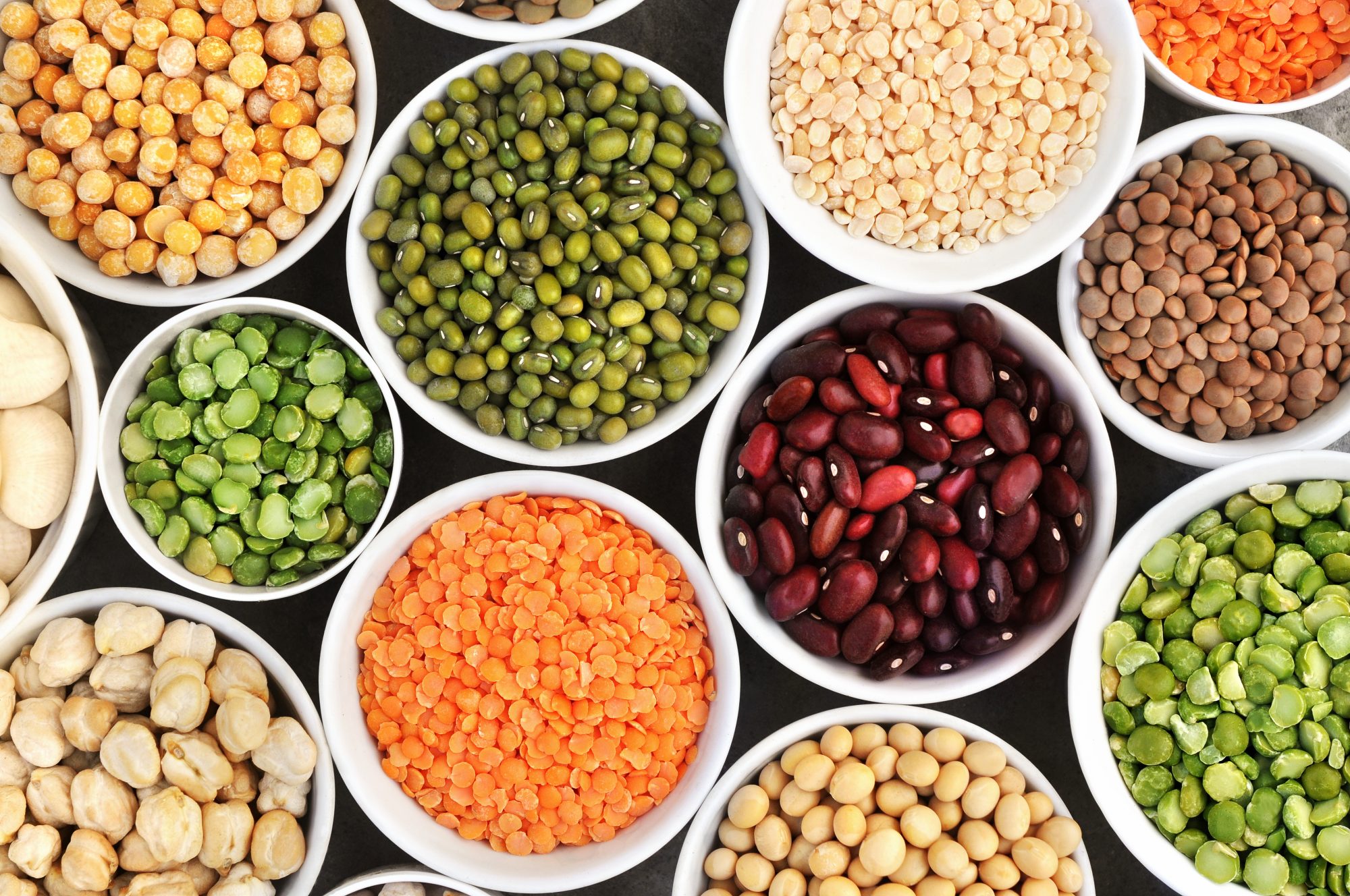 White plates filled with different beans and peas of different sizes, shapes, and colors