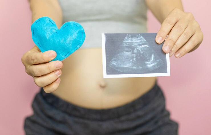 A pregnant woman is holding ultrasound picture in one hand while blue color toy soft heart in other hand