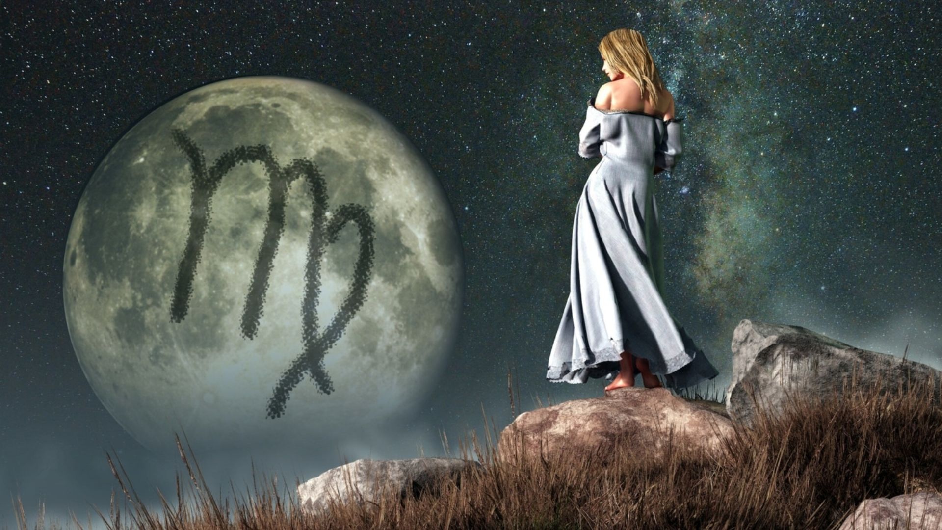 Virgo Sign On Moon And A Woman In White Dress