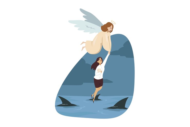 The visual description of an angel is holding a woman's hand who is falling into the ocean.