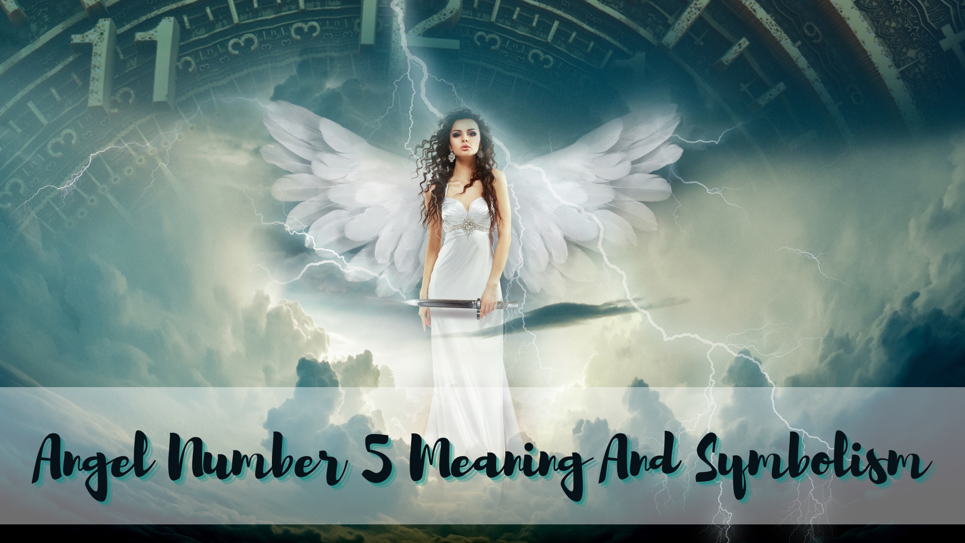 A beautiful angel in the clouds with a clock and thunder on her background