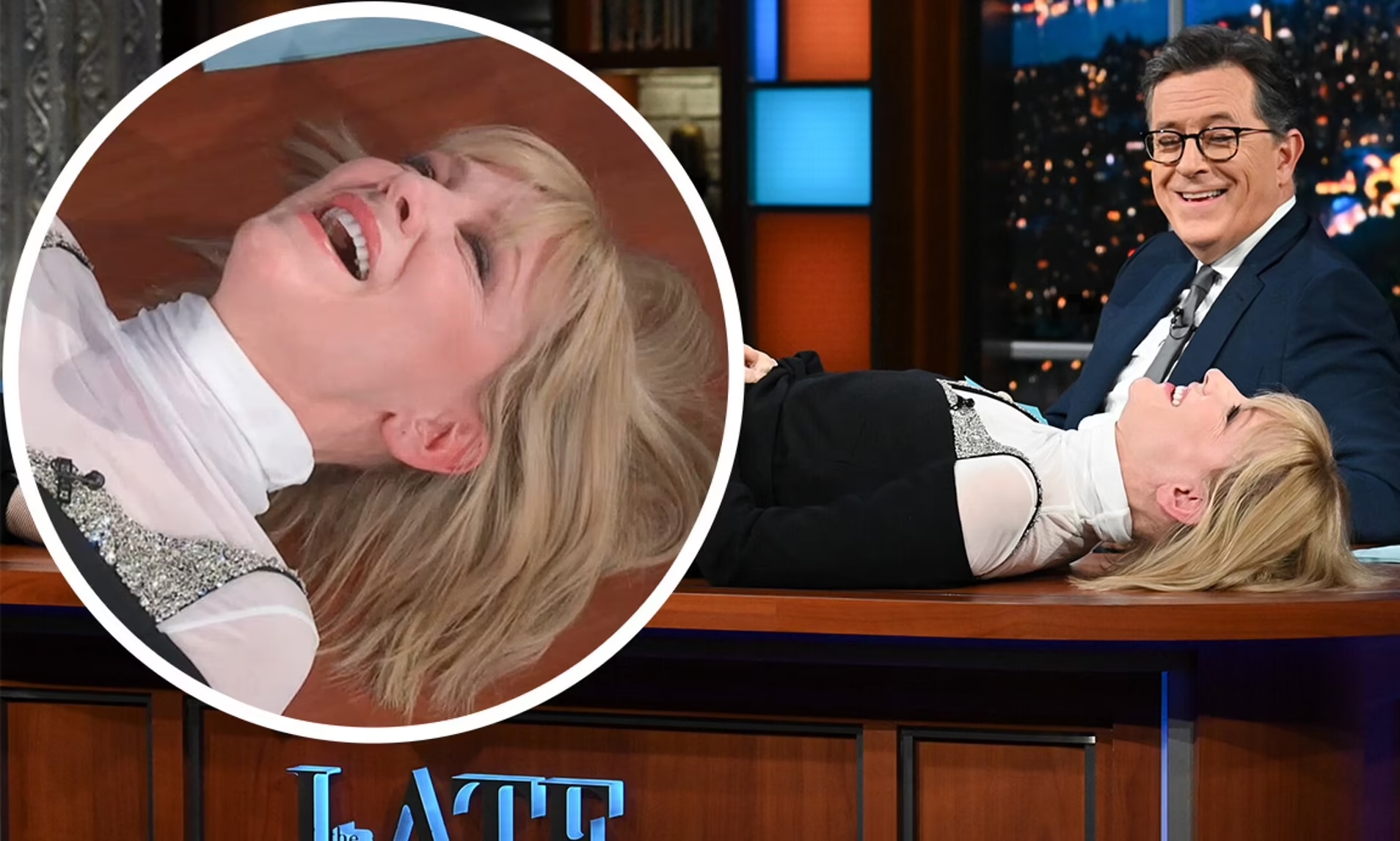 Cate Blanchett Sprawled Across The Desk Answering Colbert Questionert